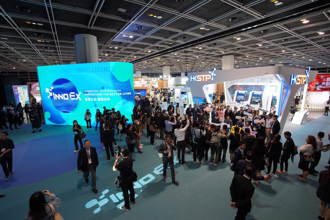 InnoEX exhibition hall with innovation and technology booths in Hong Kong
